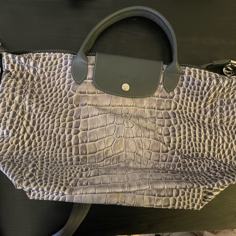 Longchamp black/grey snakeskin medium tote with crossbody handle
